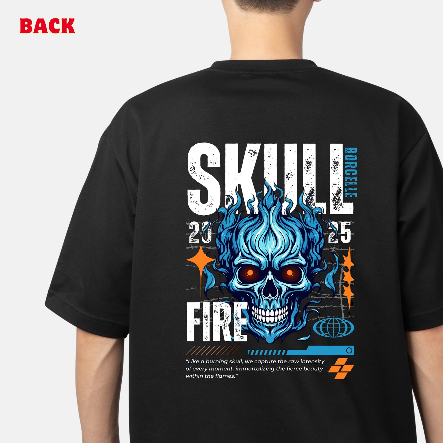 Skull Fire Over Size Down Shoulder Printed T-shirt