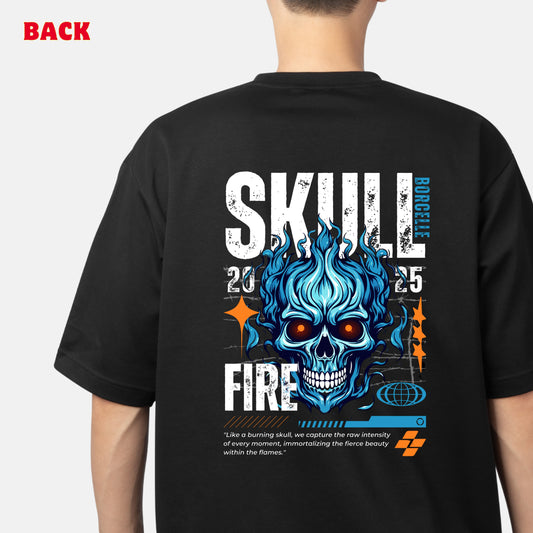 Skull Fire Over Size Down Shoulder Printed T-shirt